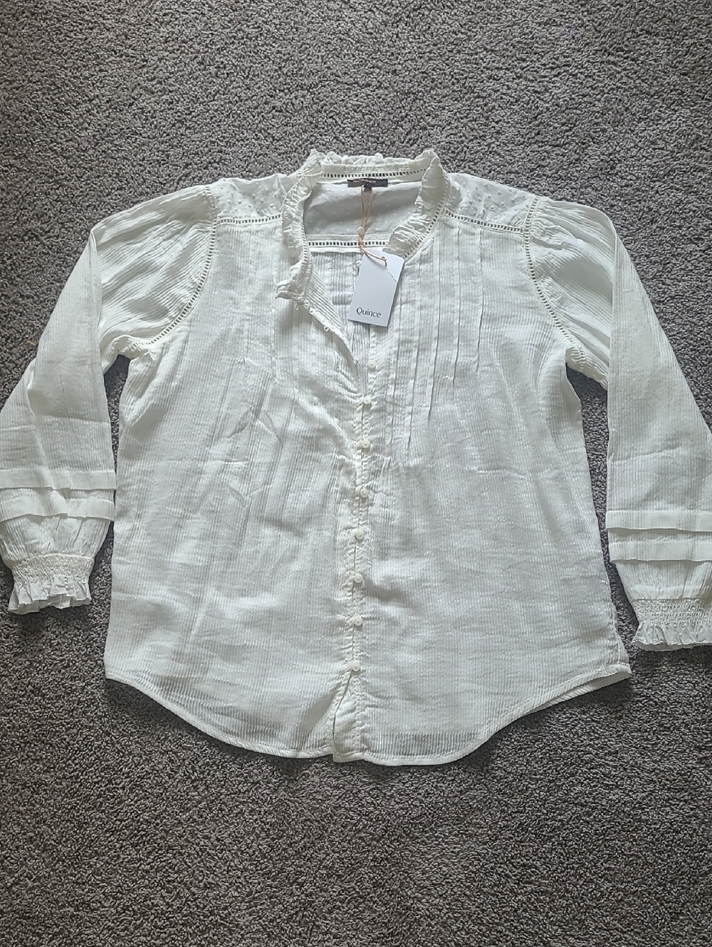 Quince Cream Ruffle Pintuck Textured Peasant Blouse